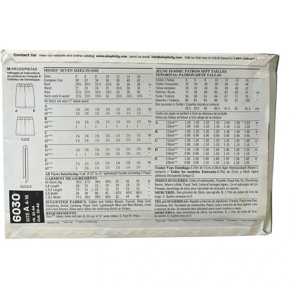 New Look 6030 Misses Skirt Sewing Pattern Size‎ 4-16